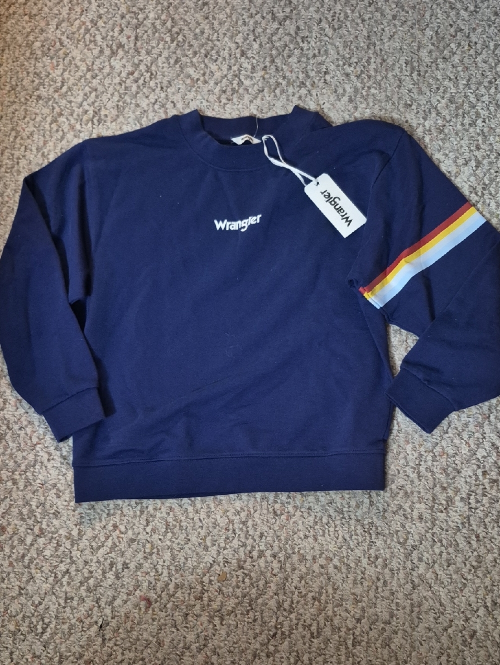 Wrangler Navy Sweatshirt with Rainbow Stripe Sleeve